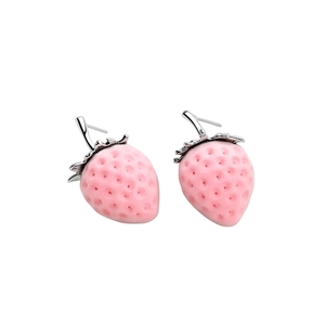 Cute pink flocked strawberry stud earrings for a sweet and casual jewelry style