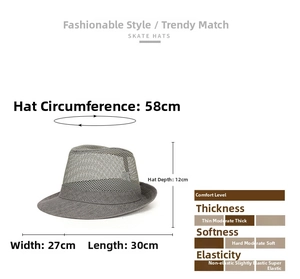 Gray mesh fedora hat dimensions with 58cm circumference and breathable sun protection detail