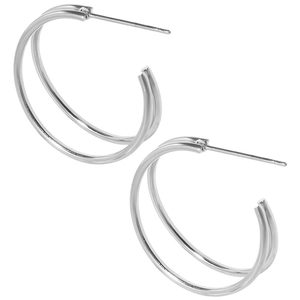 Macro shot of silver minimalist double hoop earrings in polished 304 stainless steel