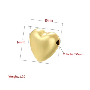 Golden heart-shaped metal bead for DIY jewelry with 15x14mm dimensions and 2mm hole