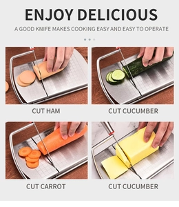 Collage of stainless steel slicer cutting ham, cucumber, and carrot for meal prep