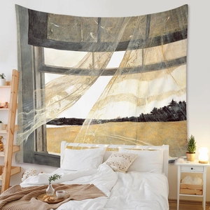 Detail of bohemian wall tapestry showing a realistic landscape with a sunlit field