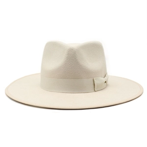 Detail of off-white wool fedora hat featuring a ribbed ribbon band and classic bow accent
