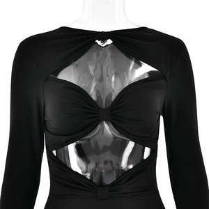 Détail d'un body noir sexy ajouré avec nœuds à la taille et manches longues
