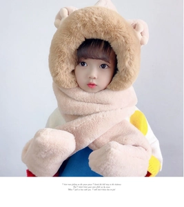 Close-up of children's khaki plush hooded scarf set with cute deer ears and horns