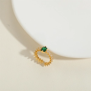 French retro gold open ring with emerald-cut zircon stone and side accents