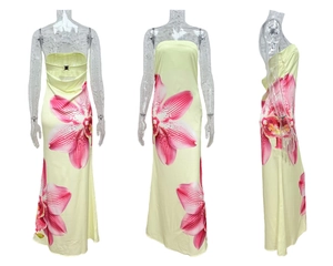 Three-view layout showing floral orchid print and backless detail of the tube maxi dress