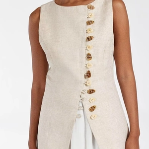 Women's chic beige linen sleeveless top and skirt set with asymmetric button closure