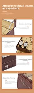 Detail view of brown leather watch box with white stitching and stainless steel hinges