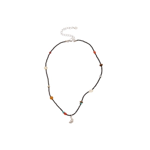 Handmade beaded necklace with natural colorful stones and a moon pendant on a white background