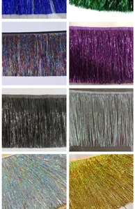 Macro detail of 20cm metallic tinsel fringe ribbons in multiple vibrant color options