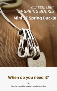 Detailed close-up of mini SF spring carabiners on a metal ring over canvas background