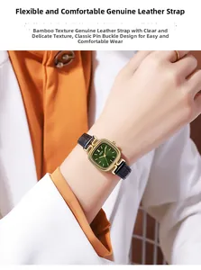Close-up of a vintage square gold watch with green dial and black leather bamboo strap