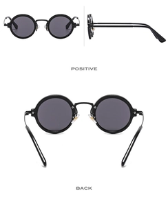 Three-view perspective of punk style round sunglasses with metal and PC hybrid frame
