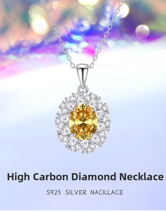 Detailed macro view of S925 silver necklace with yellow oval high carbon diamond pendant