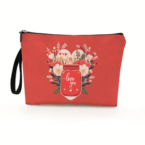 Chic red canvas heart makeup bag with Love You illustration and wrist strap
