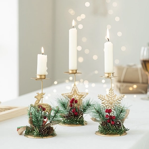 Christmas Candle Holder Gold Iron Snowflake Reindeer Star Desktop Ornaments With Artificial Pine Pinecones Red Berries