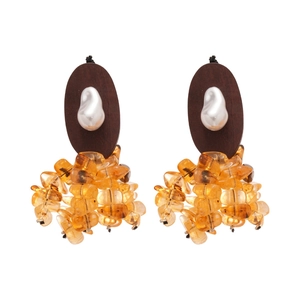 Ethnic drop earrings with resin beads, oval wood pieces and irregular faux pearls