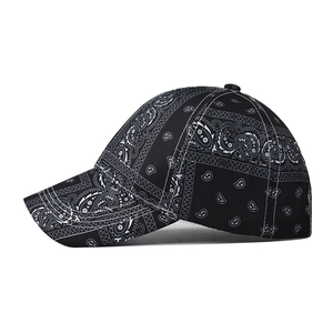Black baseball cap with white paisley pattern and curved brim for men and women