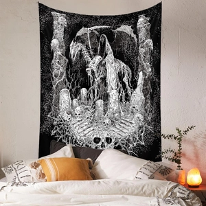 Gothic skull and reaper tapestry on horse in black and white for bedroom wall decor