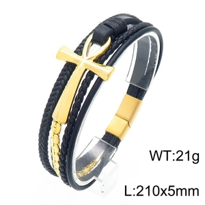 Detail view of woven leather bracelet with golden Ankh cross and magnetic clasp