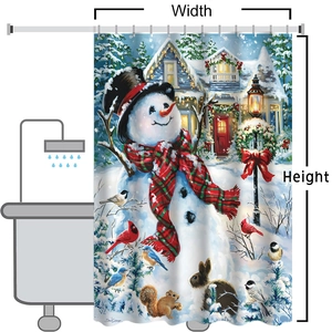Detail showing height and width measurement guide for festive snowman Christmas shower curtain