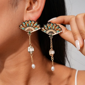 Orecchini Pendenti Vintage A Ventaglio Con Lega Strass Cristallo Perla Artificial Sintetica E Perno In Argento Per Donna