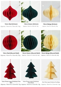 3x3 grid showing 10cm honeycomb paper Christmas tree ornaments in red green and beige