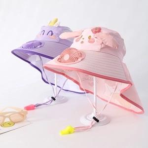 Detail of children's sun hat with integrated USB fan and neck protection cape
