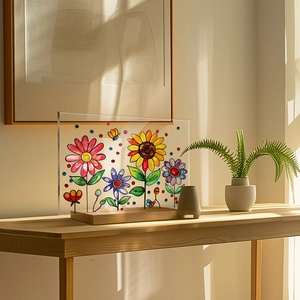 Detail showing the sunflower acrylic floral art piece on a rustic wooden base stand