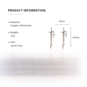 Detailed size specifications for long rhinestone cross fringe drop earrings in copper