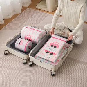 Set of mesh laundry bags with striped car print organized in a travel suitcase