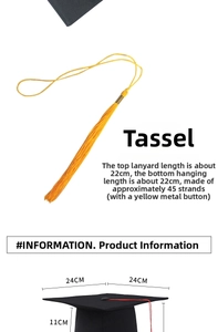Detailed dimensions of black graduation cap with yellow tassel showing length measurements