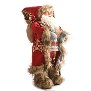 Detail of 45cm Santa Claus doll in red and brown with burlap sack and pine branch