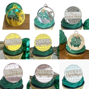 9pcs mixed color acrylic Christmas cupcake toppers featuring reindeer and tree patterns