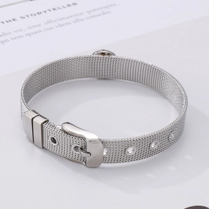 Silver mesh watch strap bracelet in 18k titanium steel with adjustable buckle design