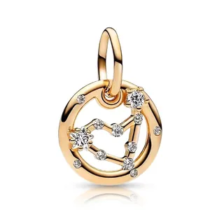 Golden S925 sterling silver hollow zodiac charm with sparkling star zircon and crystals