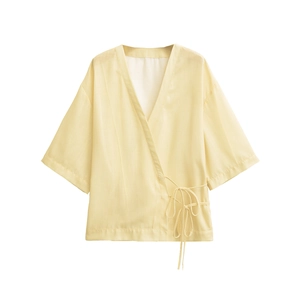 Women Striped Kimono Blouse V Neck Side Tie Wrap Top Half Sleeve Casual Breathable Summer Shirt