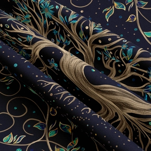 Detail of life tree tapestry showing gold branches and blue flowers on navy fabric
