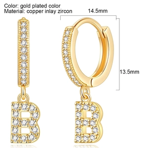 Detail of gold-plated copper letter B earring with white zircons and dimensions