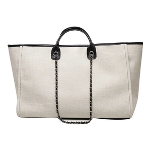 Large capacity canvas tote bag with black leather trim and chain strap in cream white