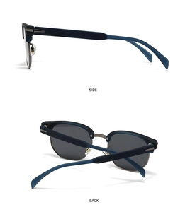 Detail view showing dark blue square frames with silver metal accents and gray lenses
