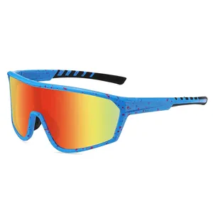 Blue sporty oversized sunglasses with red splatter texture and gradient mirrored lenses