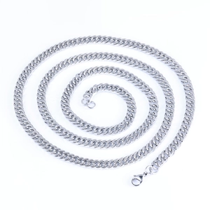 Polished silver stainless steel Cuban link necklace with lobster clasp in spiral display