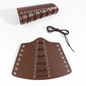 Medieval dark brown leather bracers with metal eyelets and adjustable cross lacing