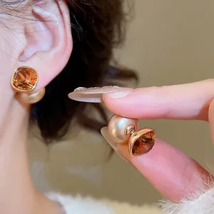 18K gold plated pearl earrings with amber crystal square stud and champagne sphere back