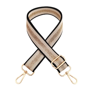 Macro detail of adjustable woven bag strap with gold-tone hardware and stripe pattern