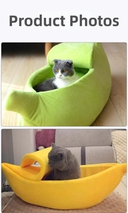 Banana shaped plush pet bed in bright yellow and green colors for cats and small dogs