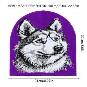 Detailed size specifications for purple wolf knit beanie with husky pattern measurement