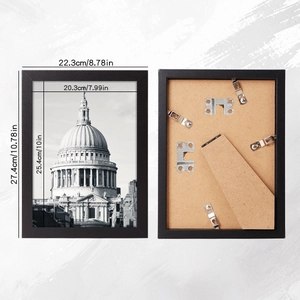 Front and back detail of minimalist black photo frame with wall hooks and stand